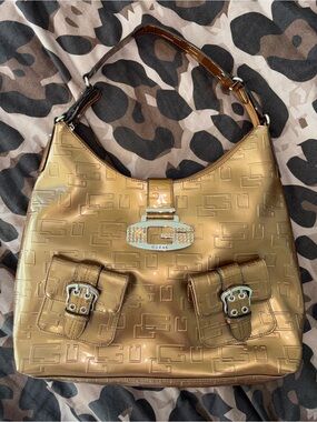 Vintage Y2K Guess Bronze Metallic G Buckle Monogram Hobo Shoulder Bag Tote
